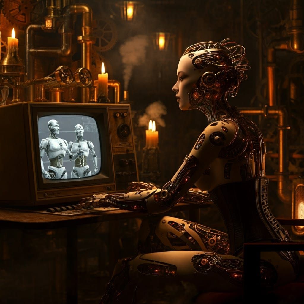 Cyborg Goddess Watches Mechanical Robots in Industrial Futur...