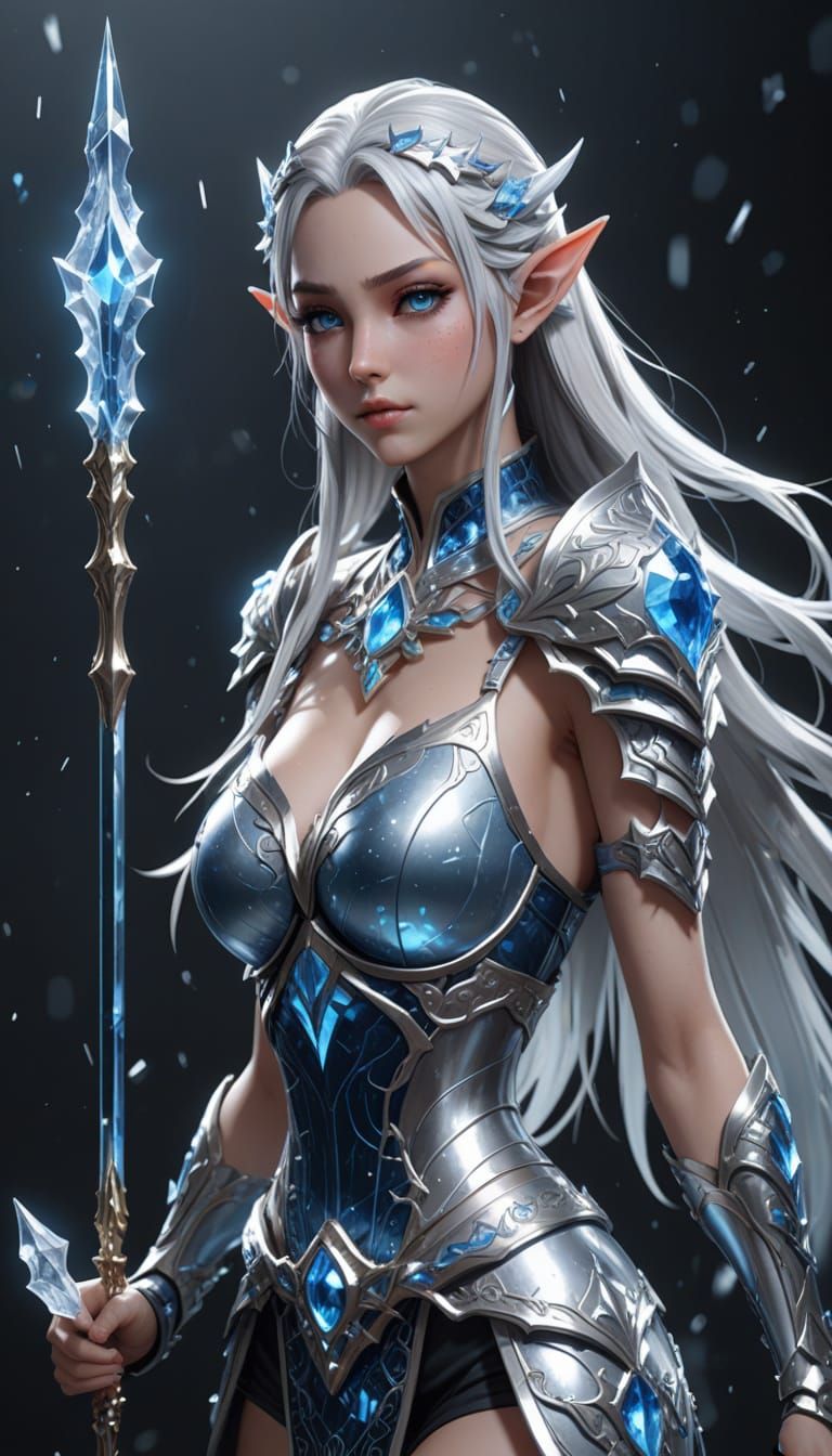 Ice Elf Warrior with Crystal Spear in 3D Anime Art