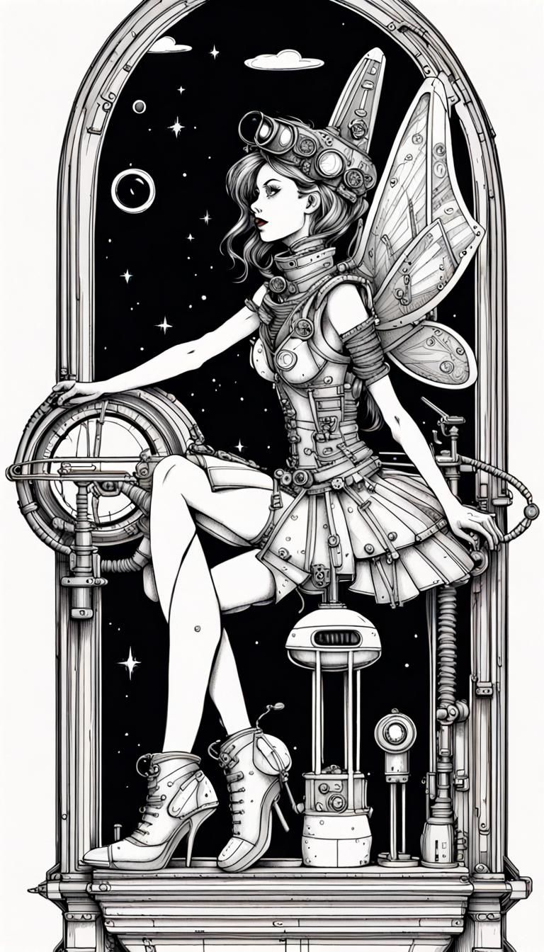Steampunk Fairy in Toy Rocket, Line Art