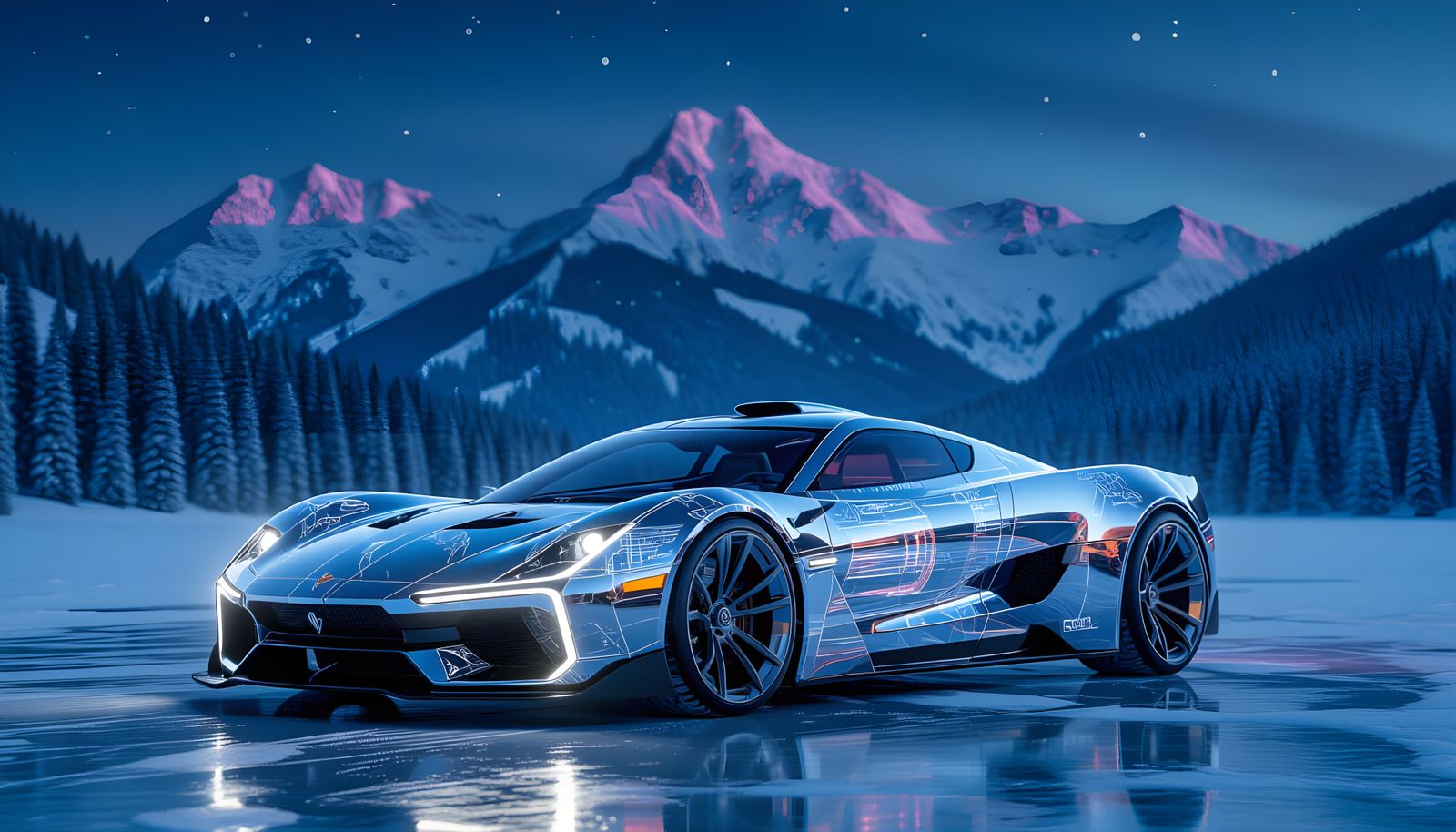 Futuristic Cyberpunk Hypercar on Frozen Lake