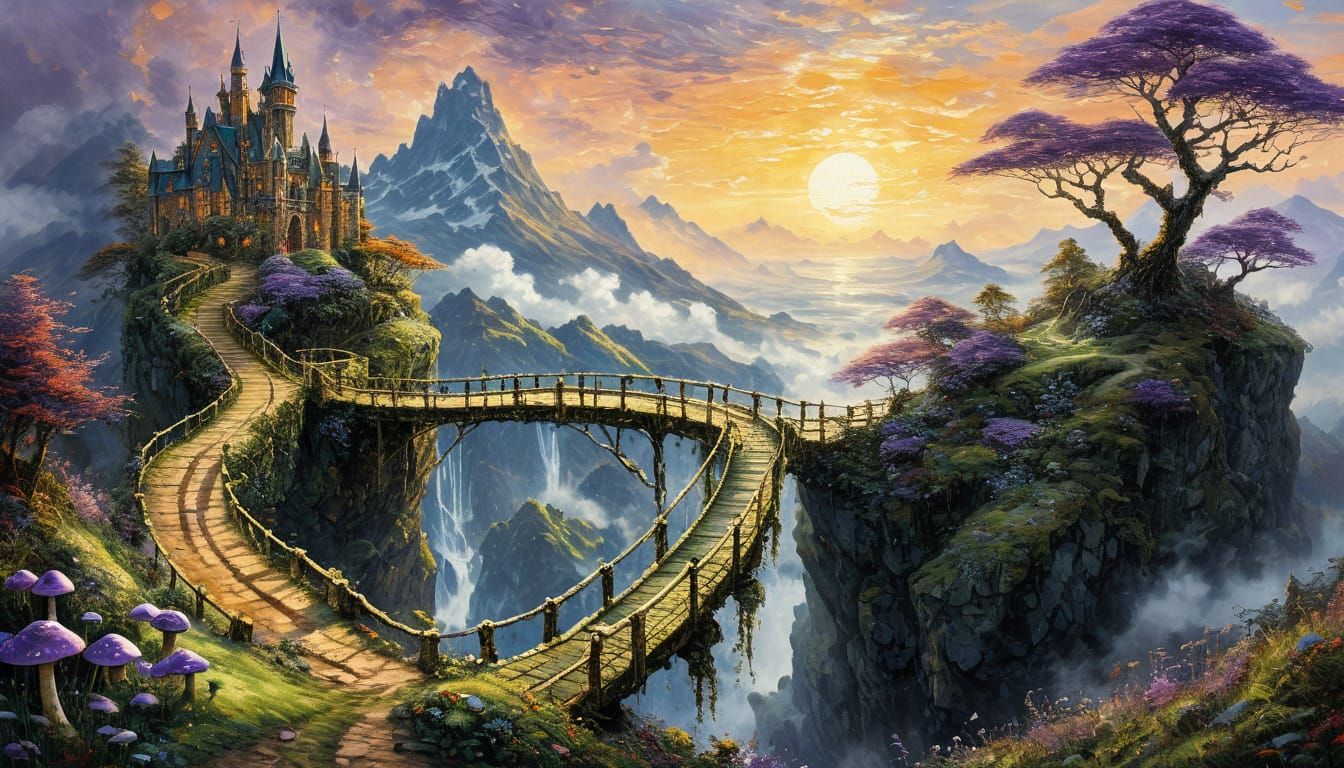 Whimsical Crystal Castle Amidst Misty Mountains