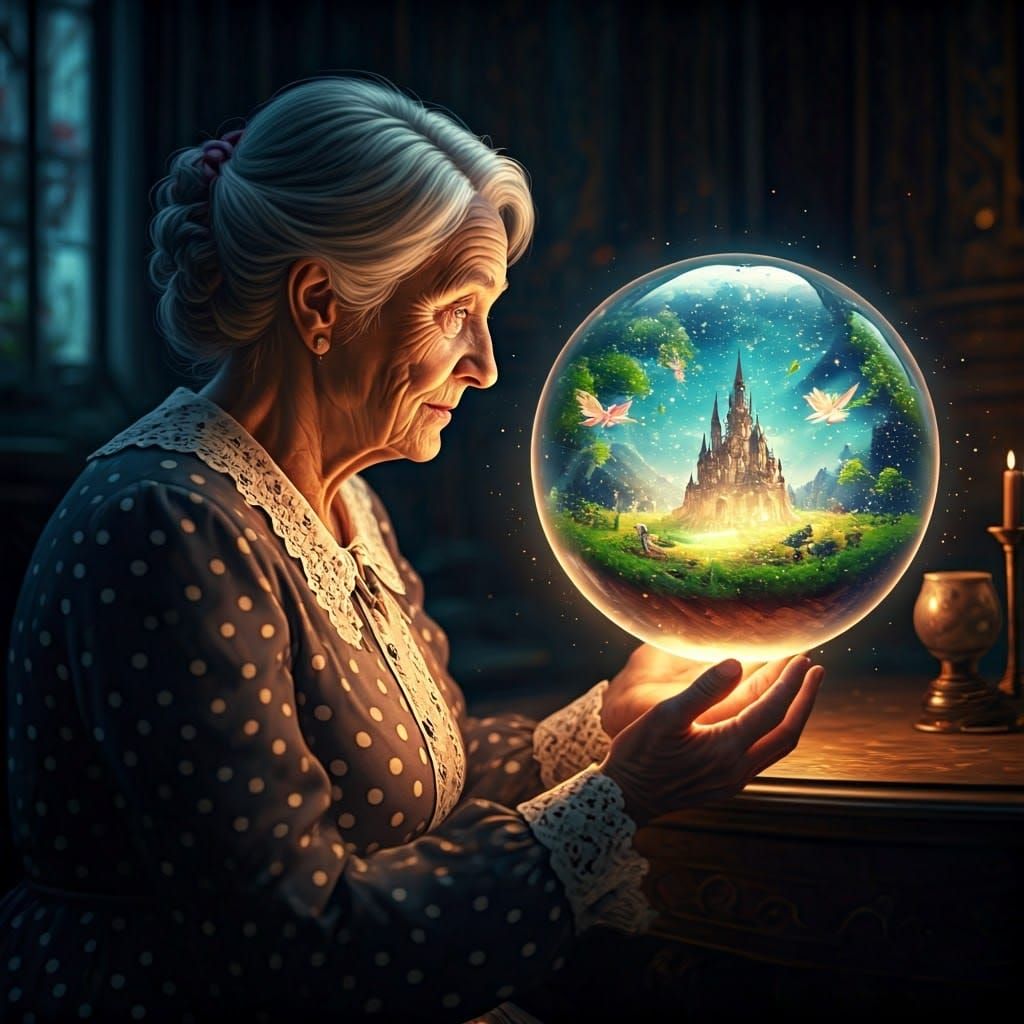 Enchanting Woman Gazing into Magical Orb Landscape