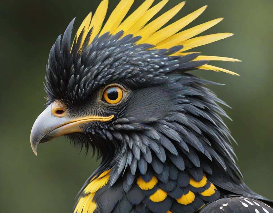 Bird with Vibrant Black Feathers and Yellow Spots in a Drama...