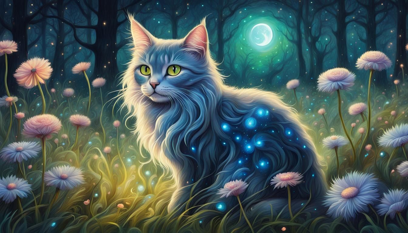Fantasy Cat in Moonlit Flower Meadow Painting