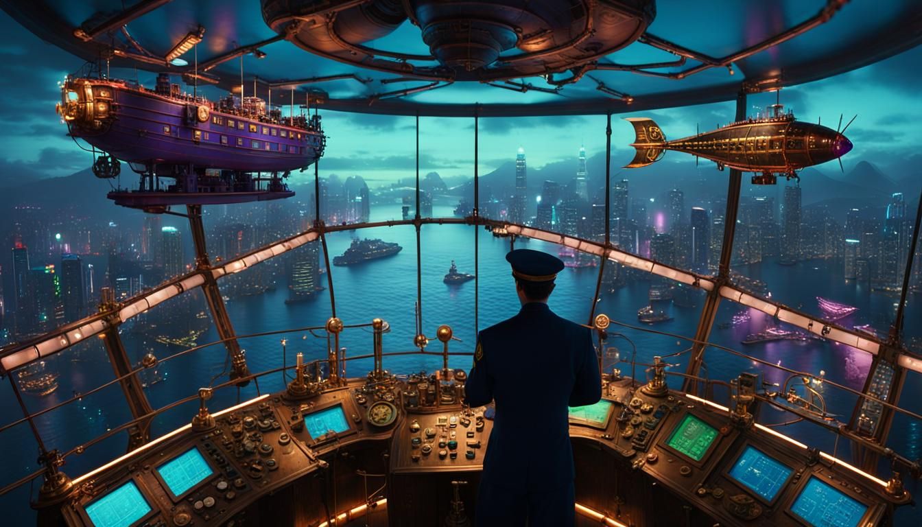 Steampunk Airship Captain Navigating Hong Kong Harbour