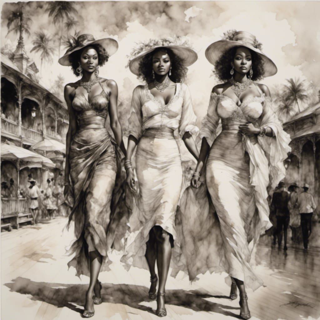 Stylish Black Women on Boardwalk in Watercolor Sketch