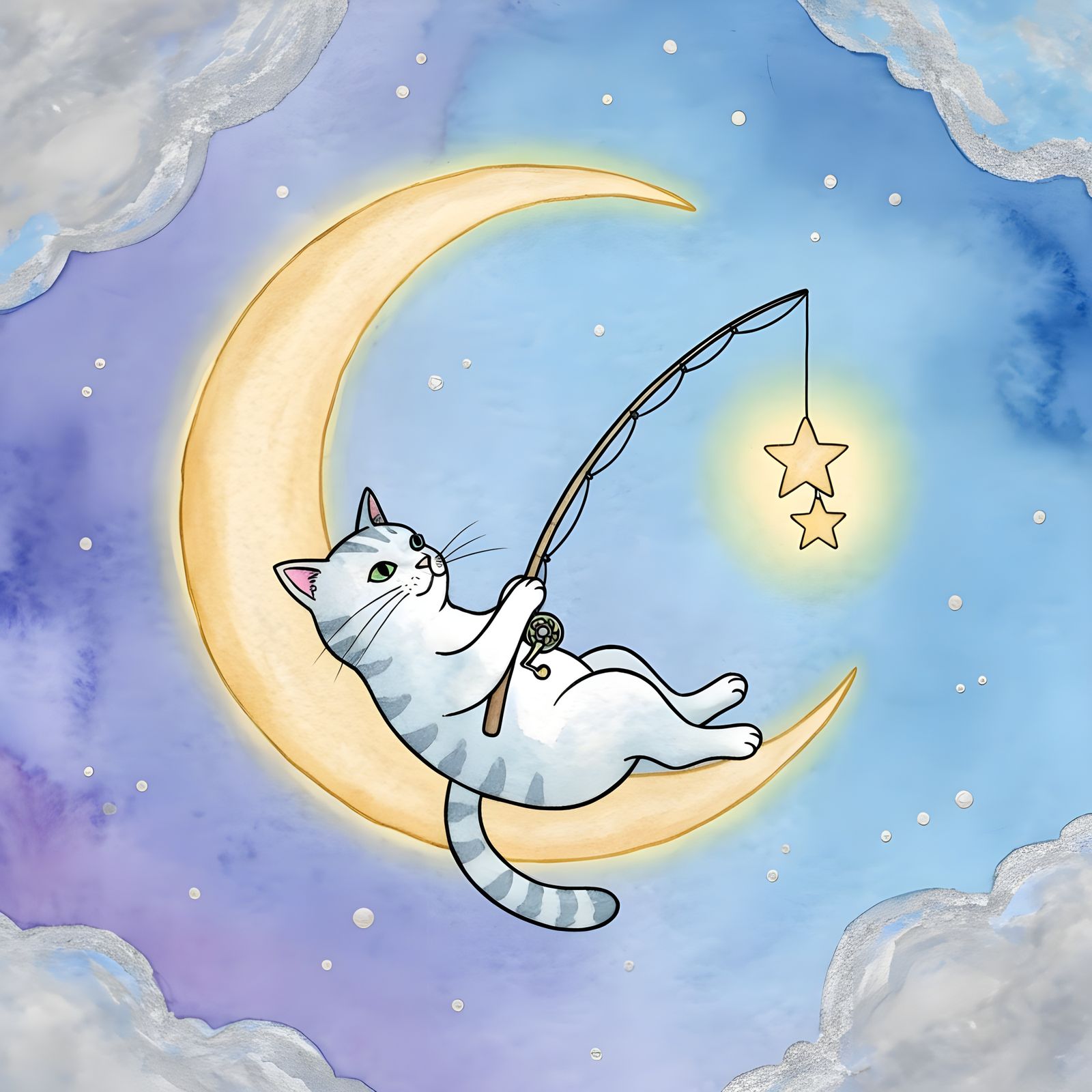 Cat Fishing for Stars on a Golden Crescent Moon in Watercolo...