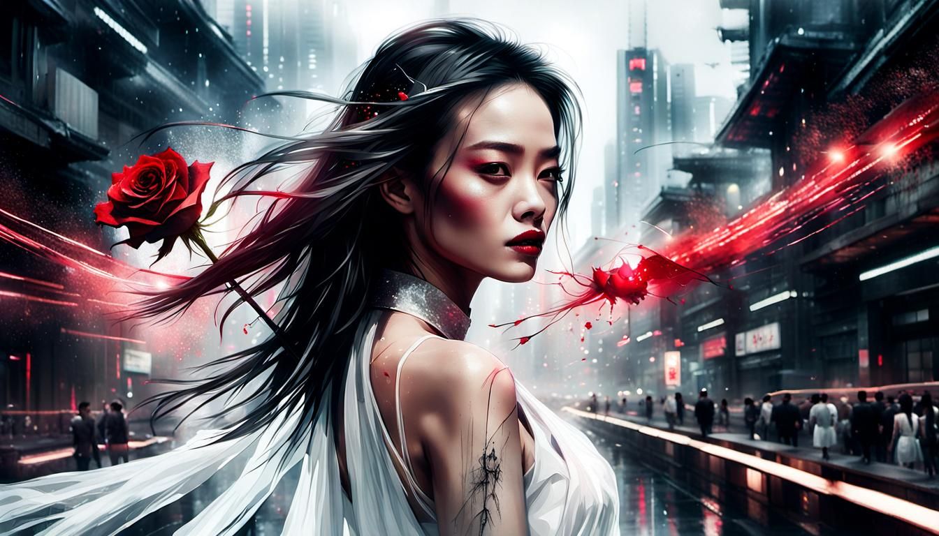 Shu Qi in Futuristic City with Soft Focus