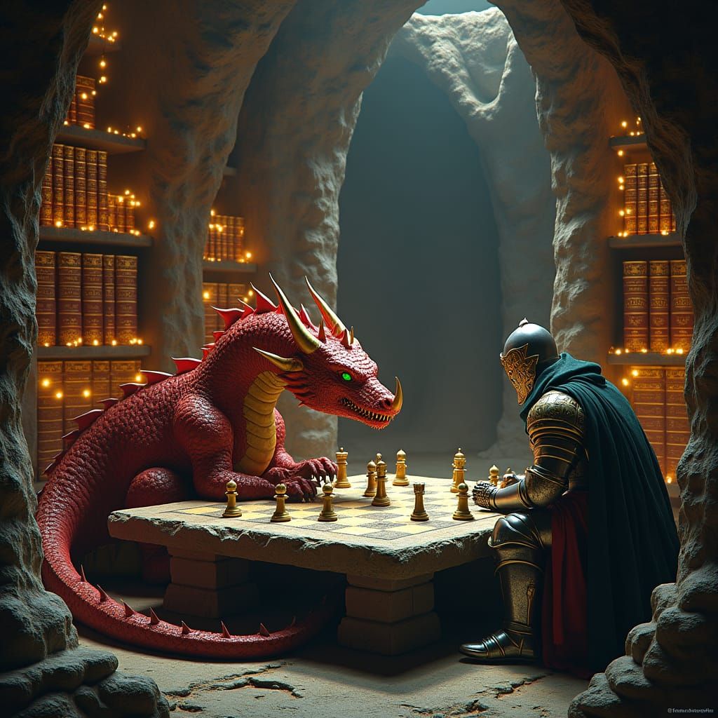 Dragon Contemplates Checkmate in Mystic Library