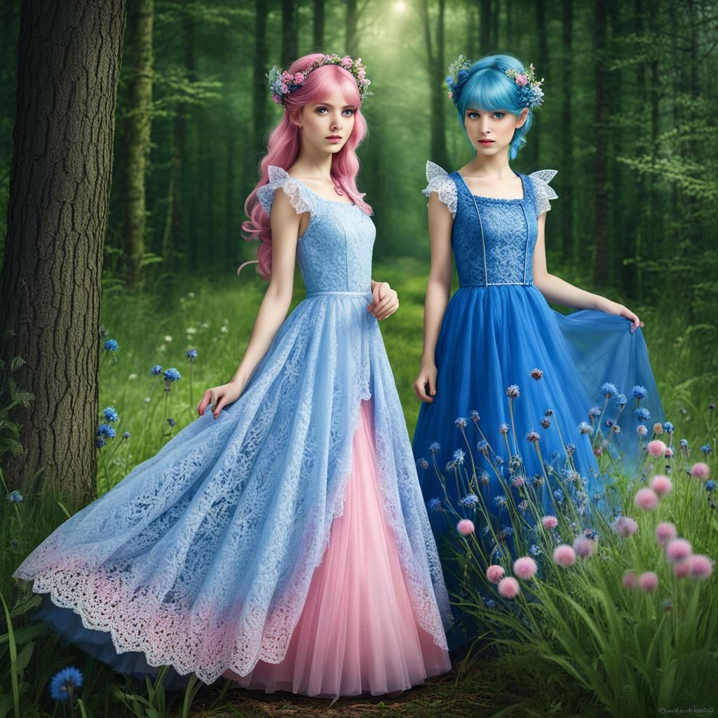 Fairy Twins in Forest with Cornflowers