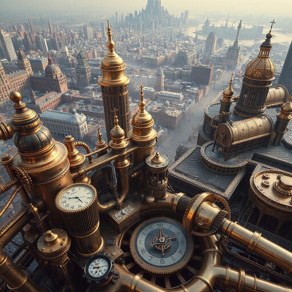 Steampunk City: Clockwork Mechanisms and Brass Structures