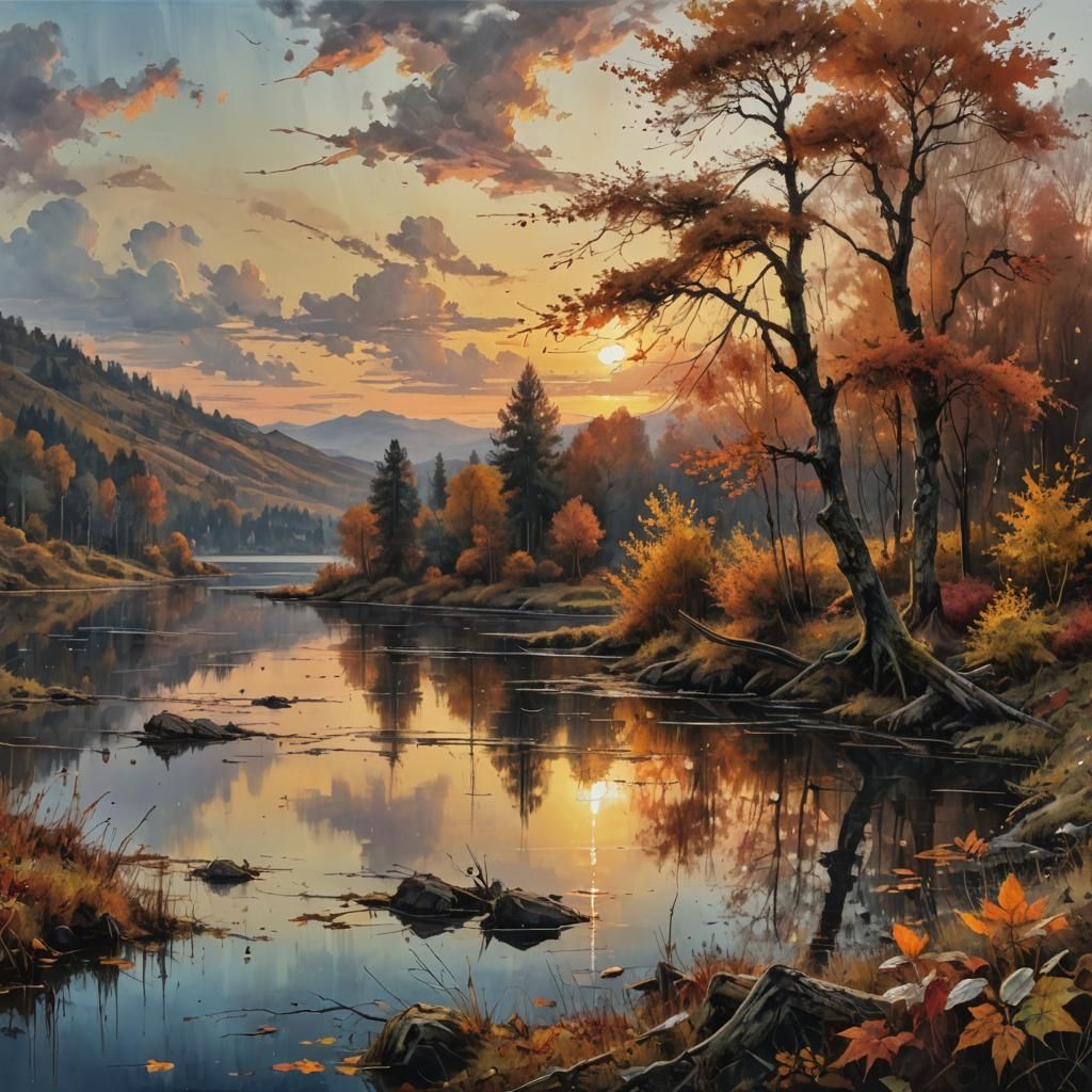 Autumn Lake Sunset in Vivid Oil Painting Style