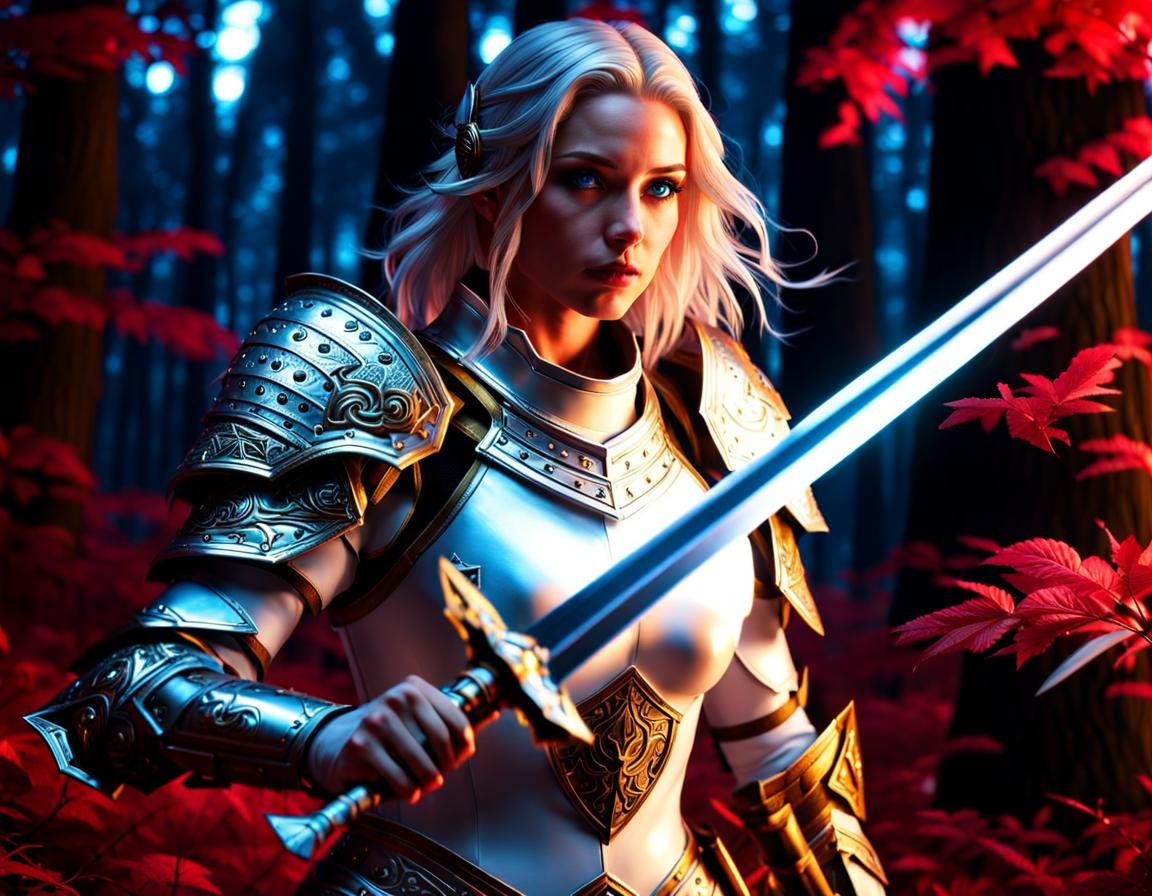 Teenage Paladin in Crimson Forest at Night