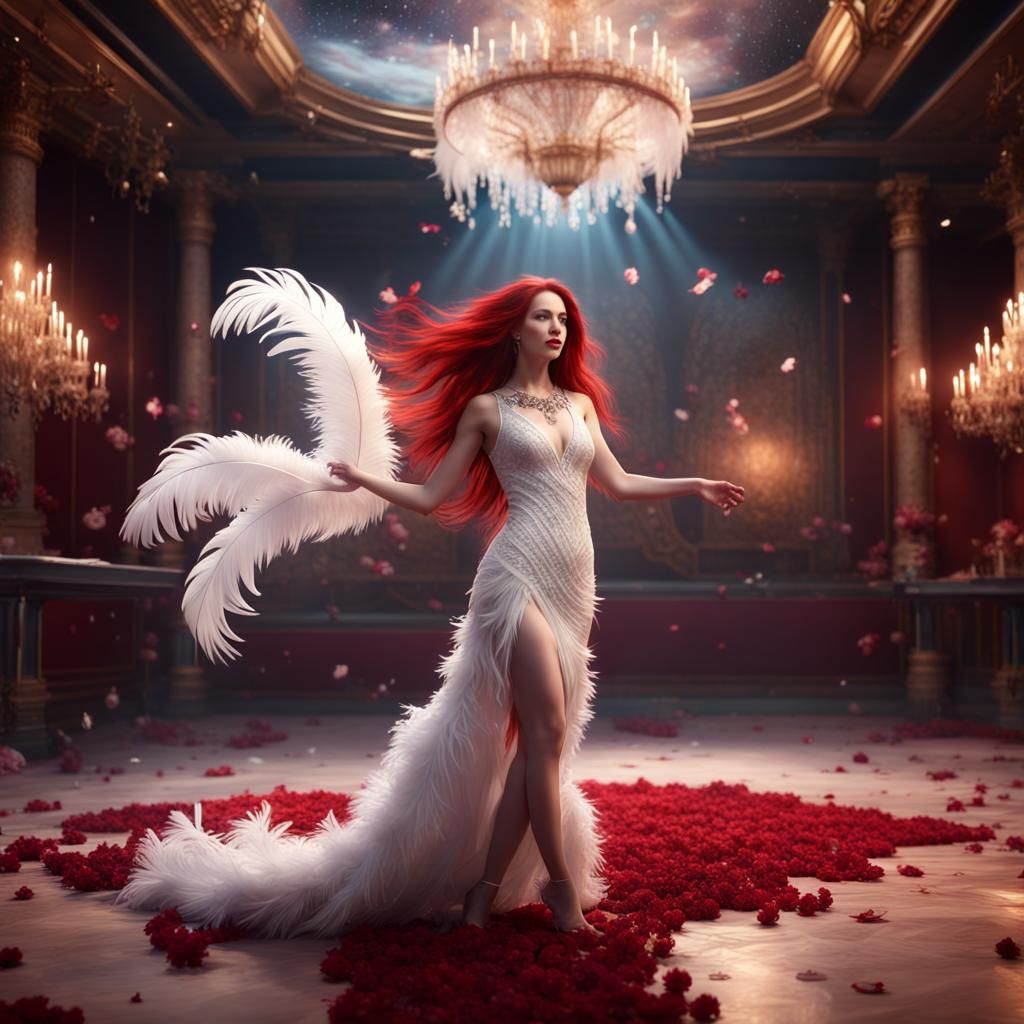 Hyperrealistic Redhead Dancing in Ballroom with Exotic Flowe...