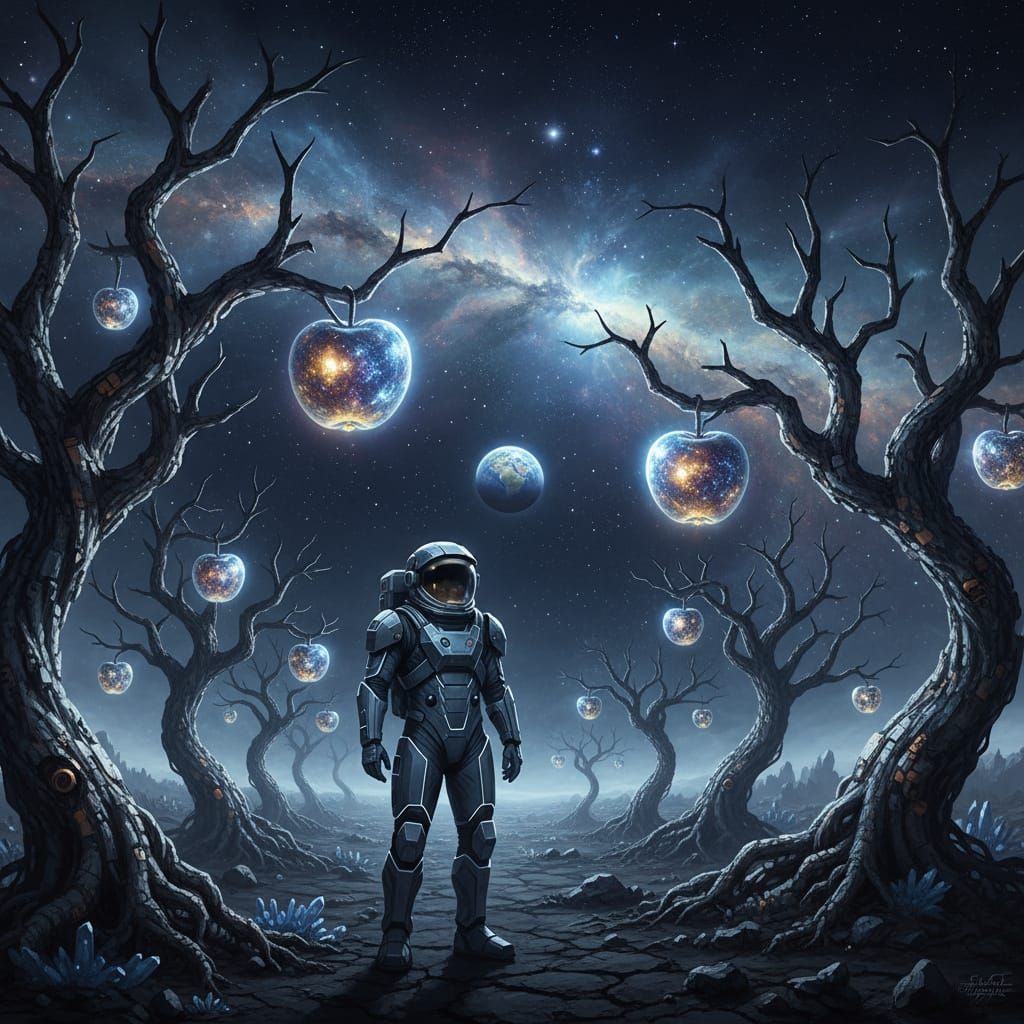 Astronaut Finds Starlight Apple Orchard on Alien Moon