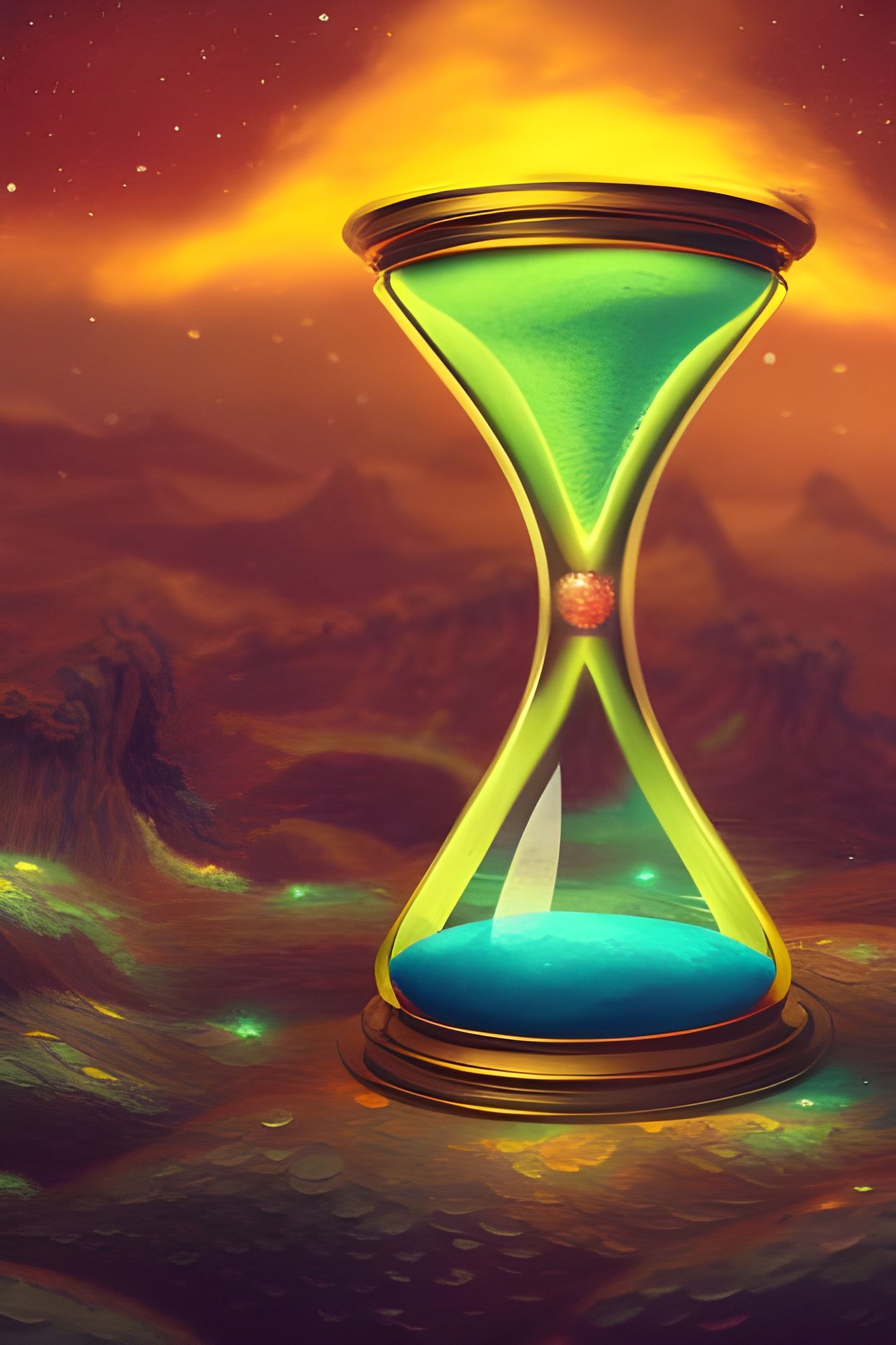 Hourglass Filled with Luminous Crystals: Digital Illustratio...