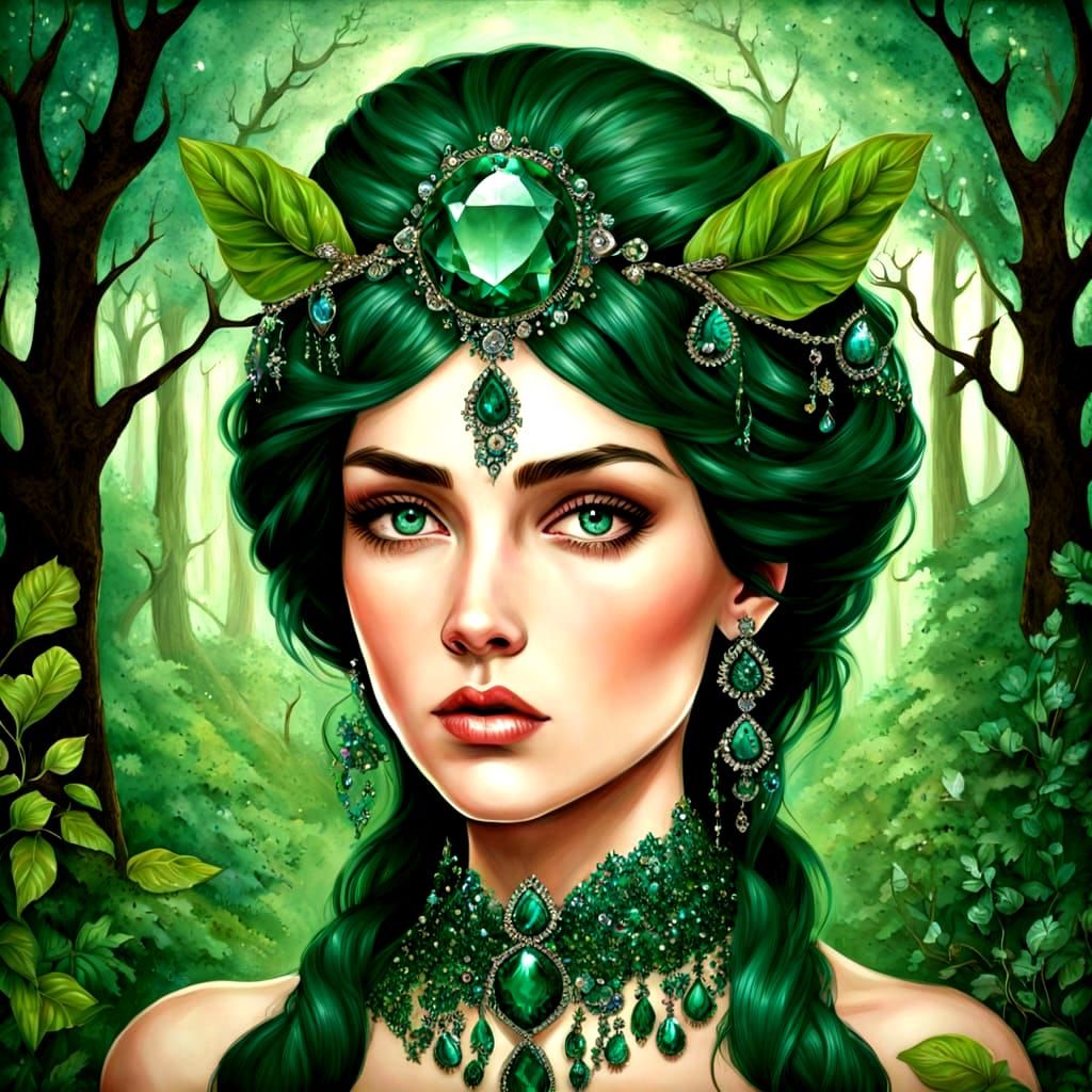 Surly sorceress, emerald bejeweled, dazzling, folk art, fore...