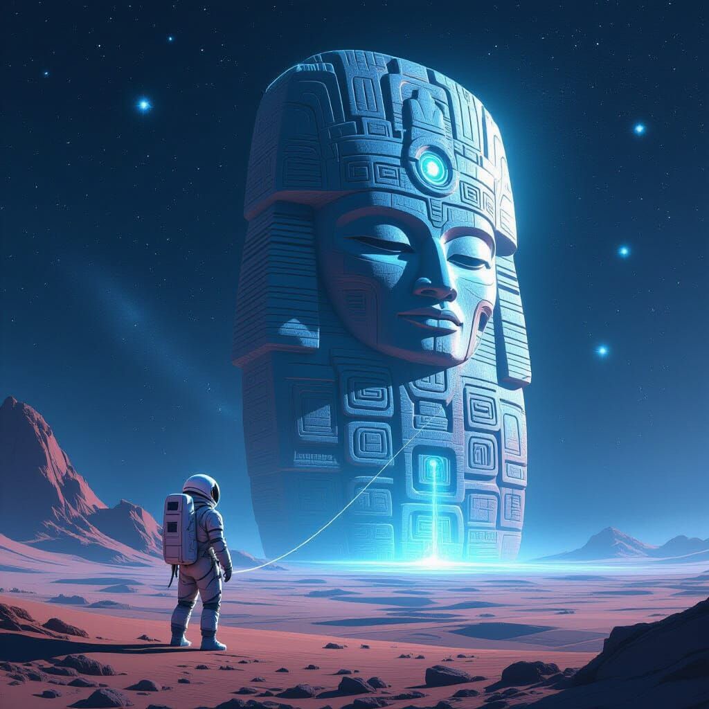 Astronaut Views Galactic Artifact in Concept Art Style