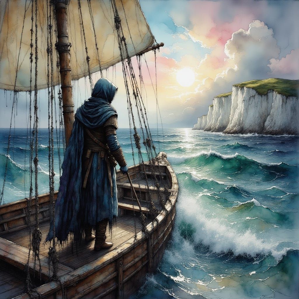 Medieval Figure Arrives at Dover, Romantic Landscape