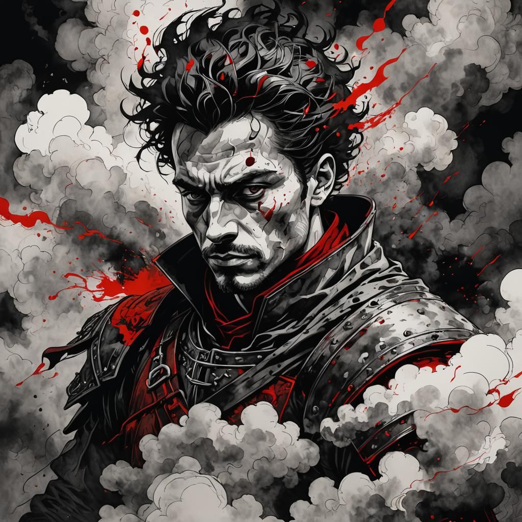 Medieval Warrior Steps from Ink, Pen and Ink Drawing