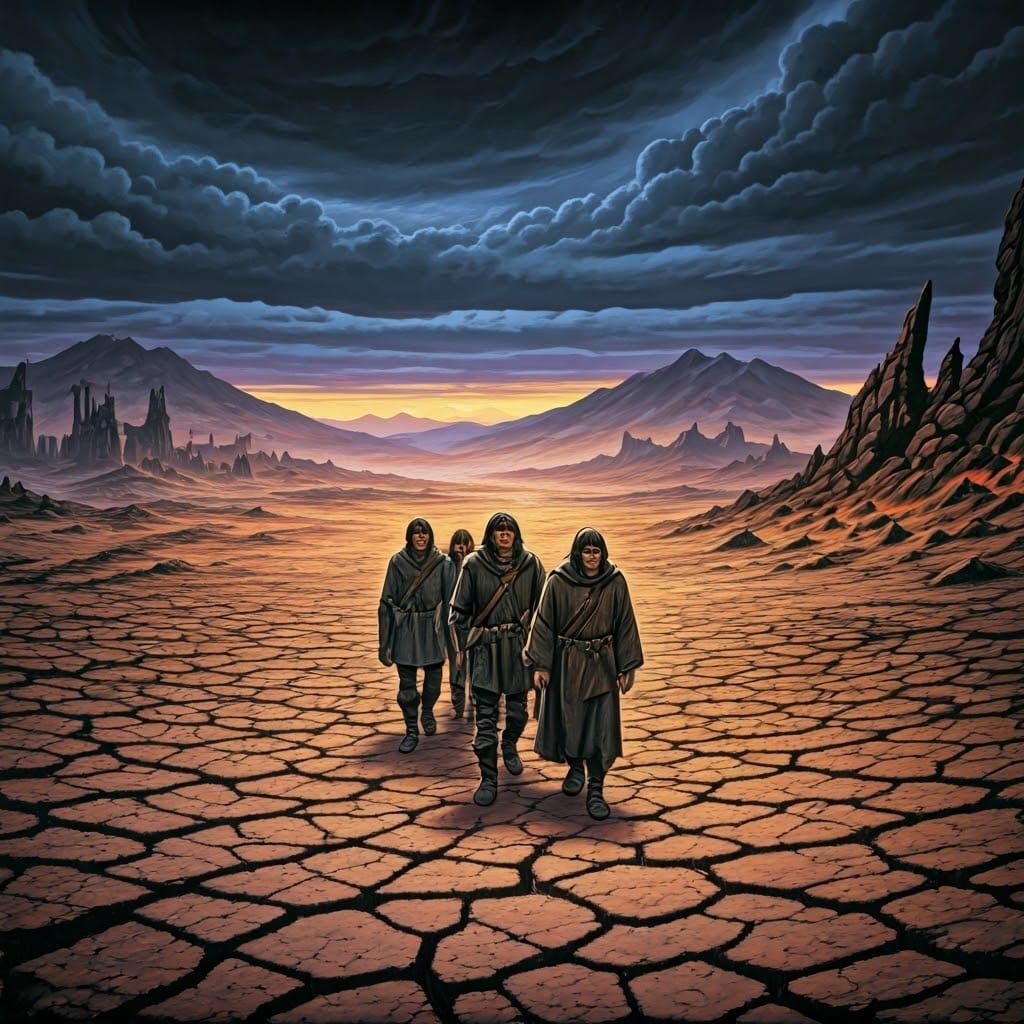 Medieval Travelers in Desolate Land: 1970s Fantasy Art