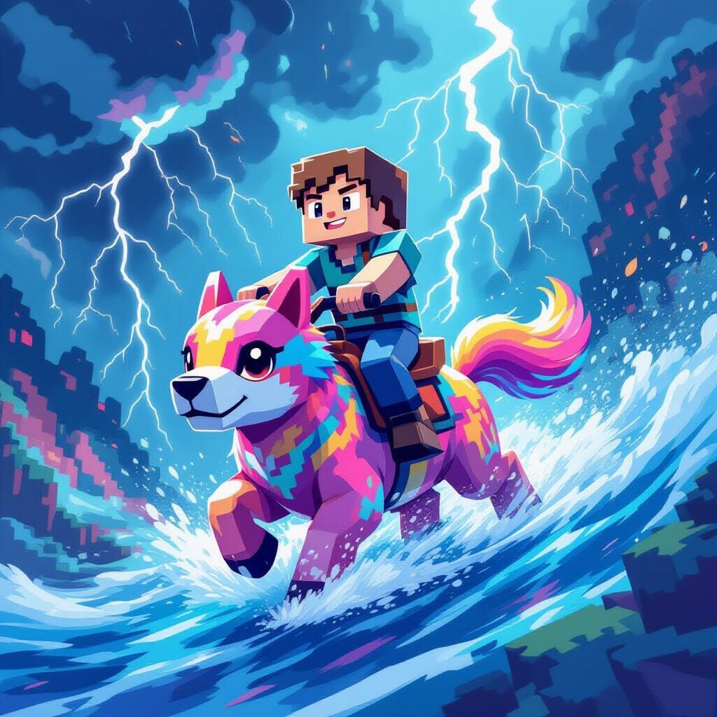 Abstract Minecraft Rider with Pet and Storm Elements