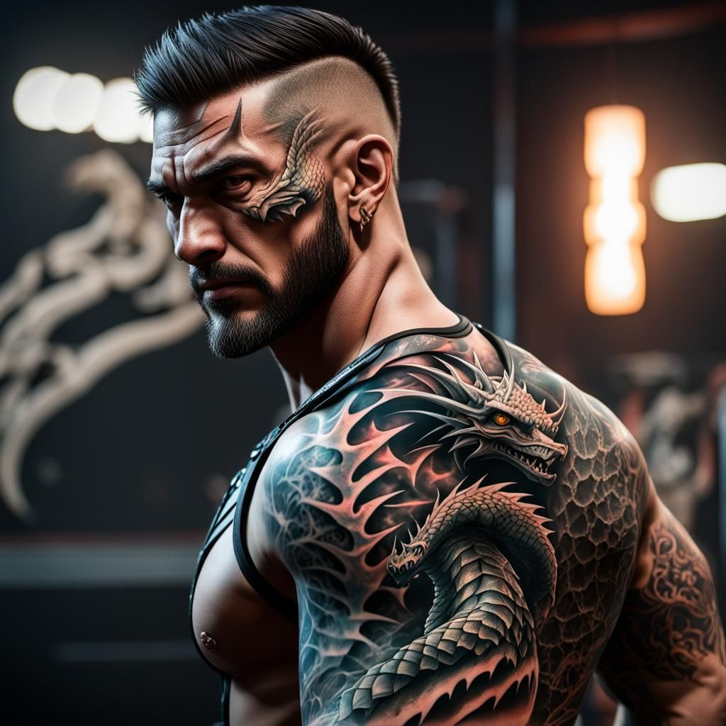 3D tattoo on wrestlers back of dragon ripping through back breathing glowing plasma , GeForce RTX, 2TB NVMe M.2 SSD, 6T...