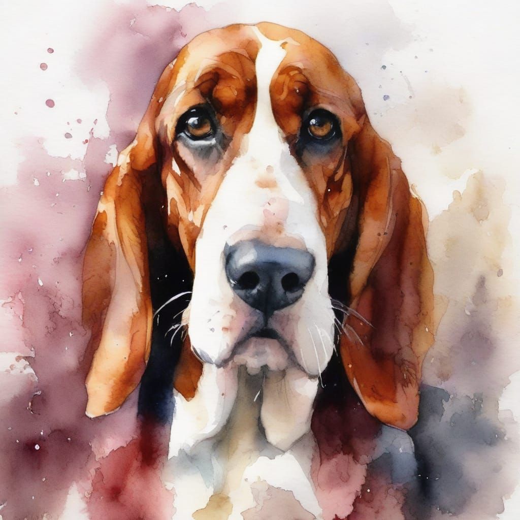 Charming Basset Hounds in Expressive Watercolour Art