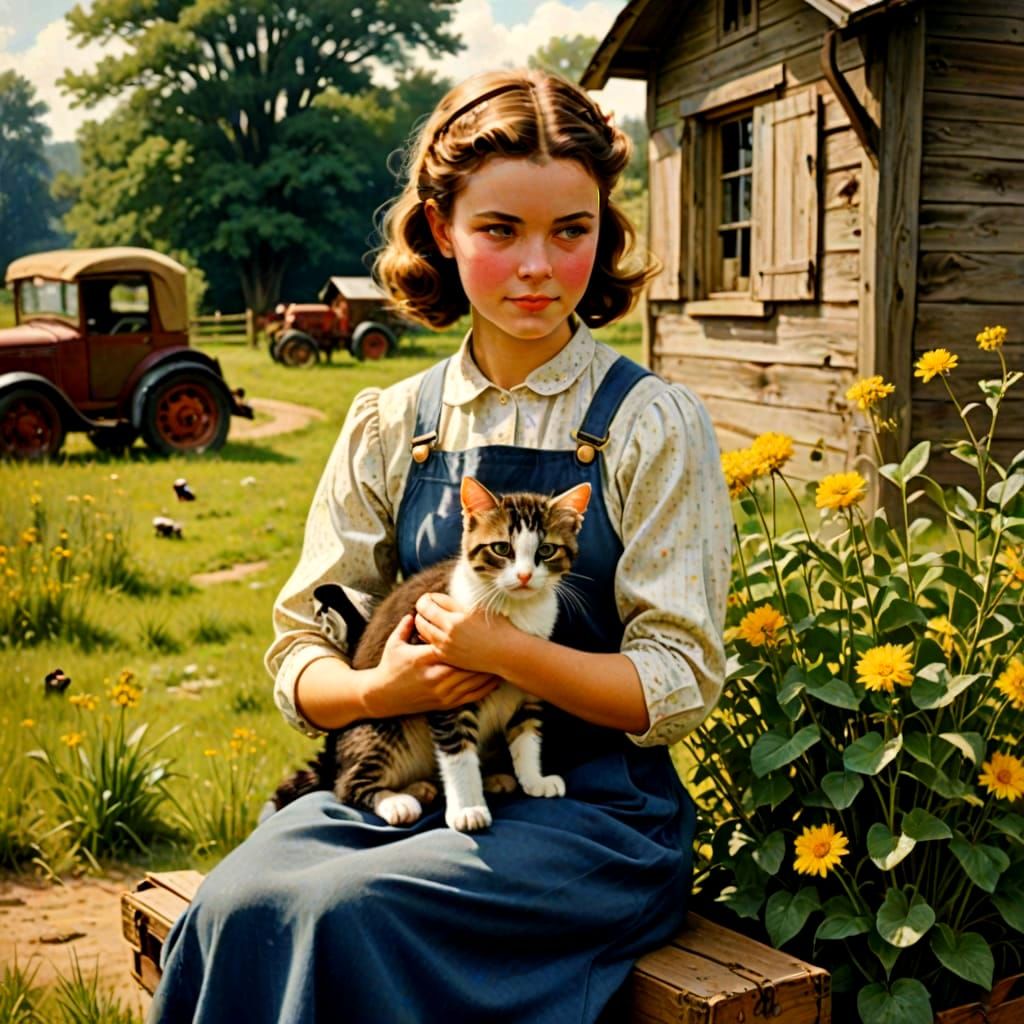 Retro Country Girl with Kitten