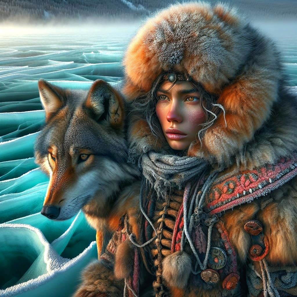 Siberian Woman and Wolf on Frozen Lake