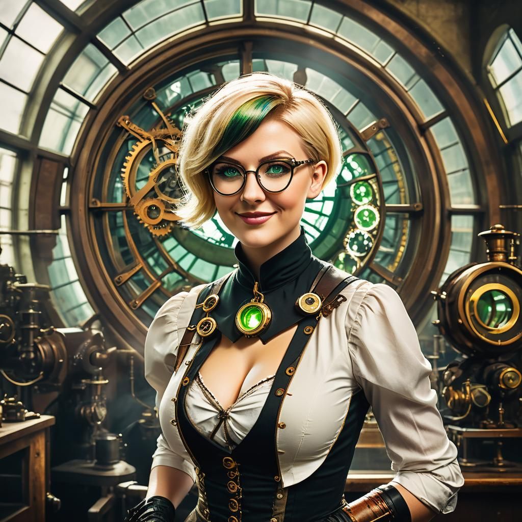 Steampunk Girl Shows Time Machine in Laboratory