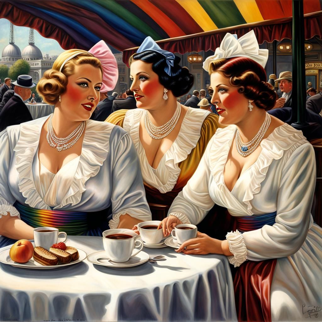 Paris Cafe 1930s: Rainbow Satin Ladies