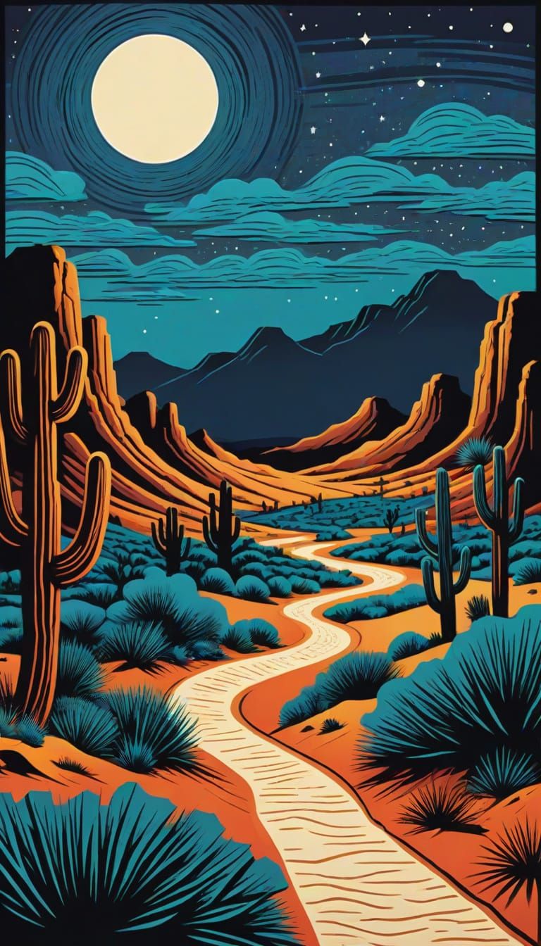 A woodblock cut style desert scene at night