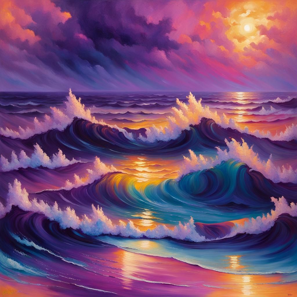 Purple Sunset Oil Painting with Fractal Waves