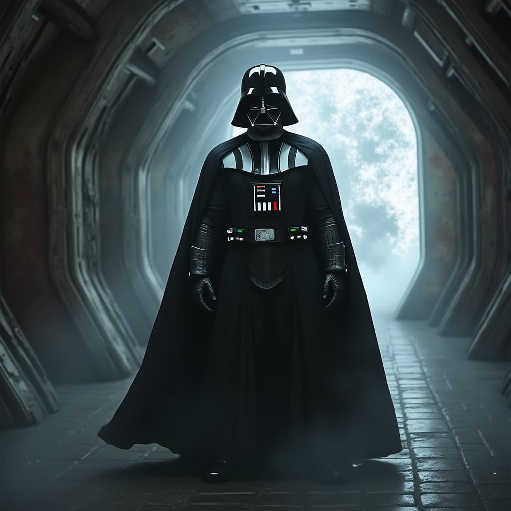 Surreal Darth Vader in Galactic Empire Corridor with Faint S...