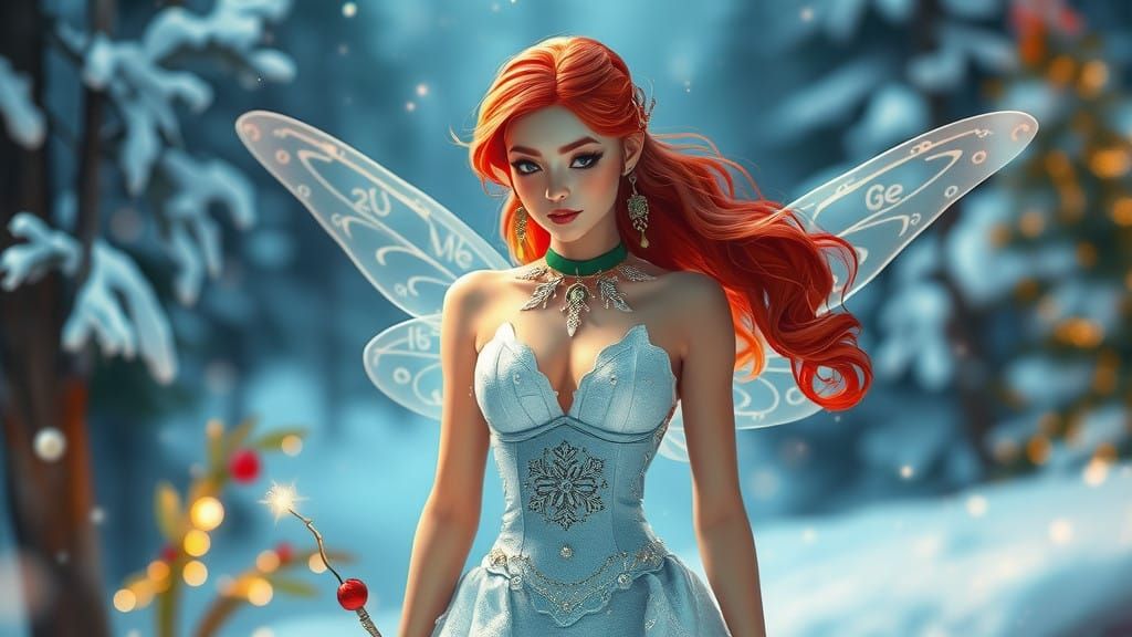 Christmas Fairy in Snowy Forest, Digital Art