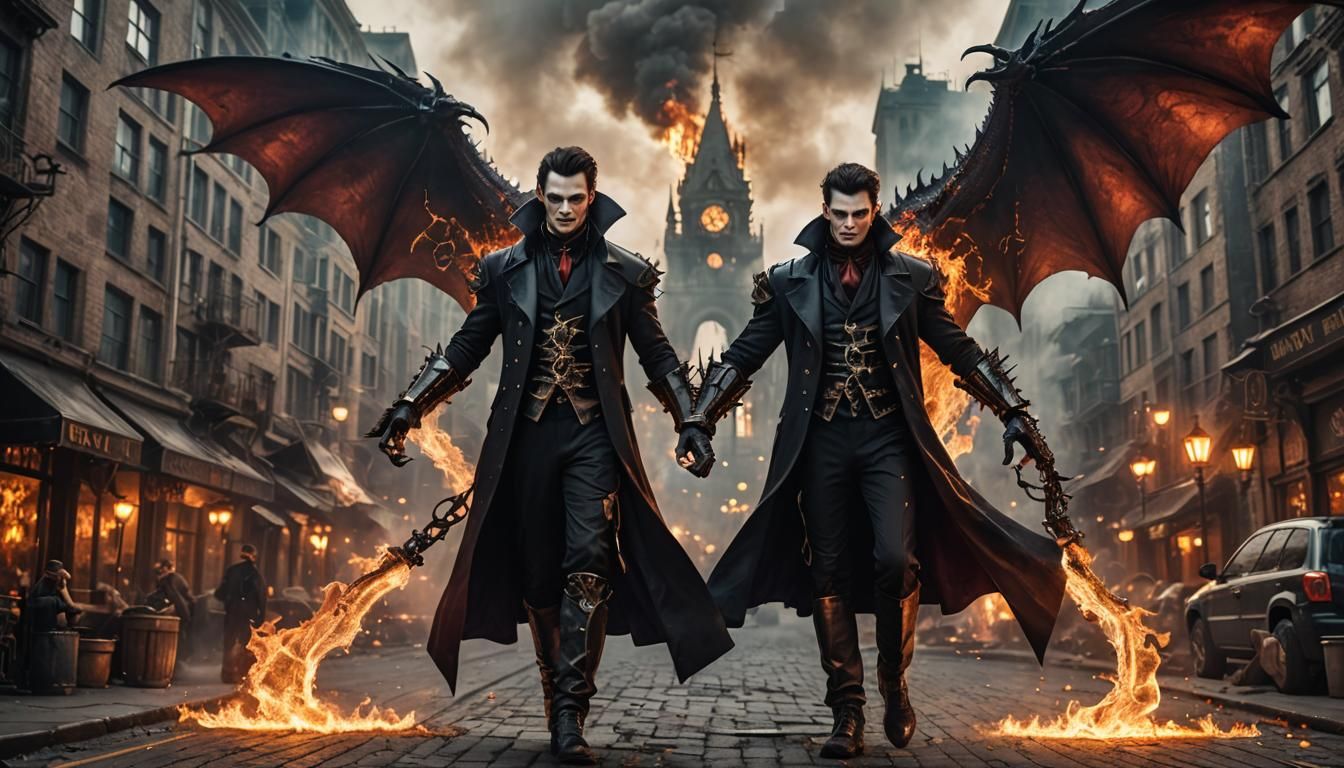 Dragon-Winged Vampire Wields Fire Magic in Steampunk City