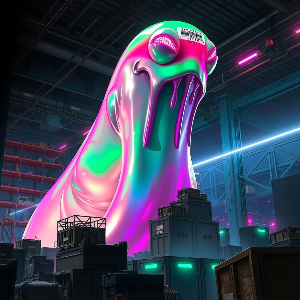 Cyberpunk Slime Creature in Industrial Warehouse