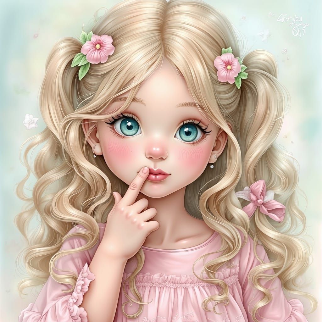 Adorable Girl with Peace Sign in Airbrush Style