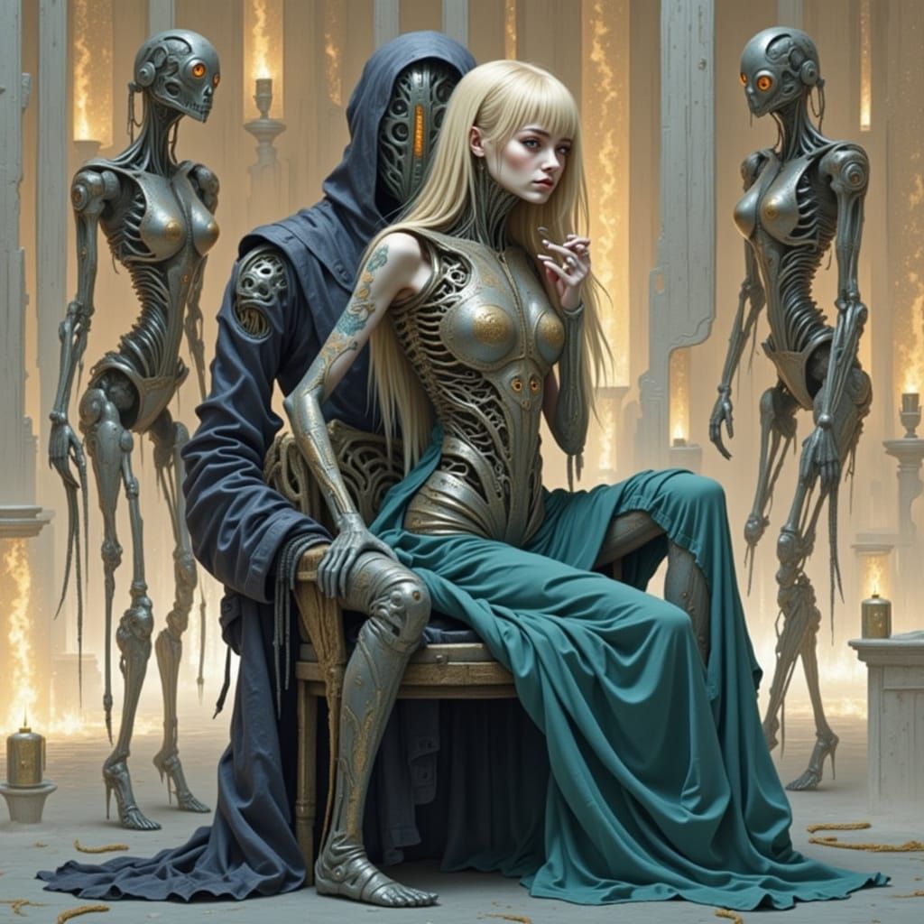 Undead Cyborg Woman with Gold Tattoos in Giger Style