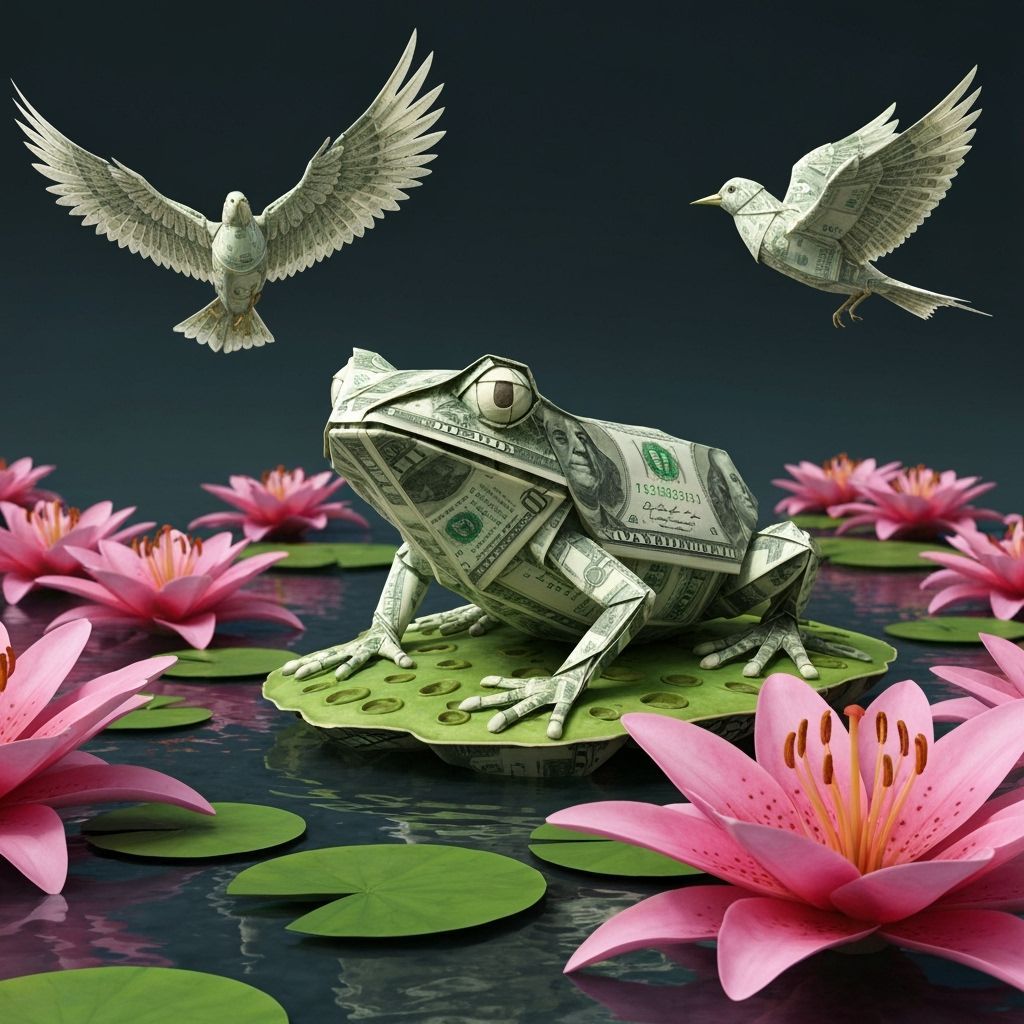 Origami Dollar Frog with Bird Flock on Lily Pad