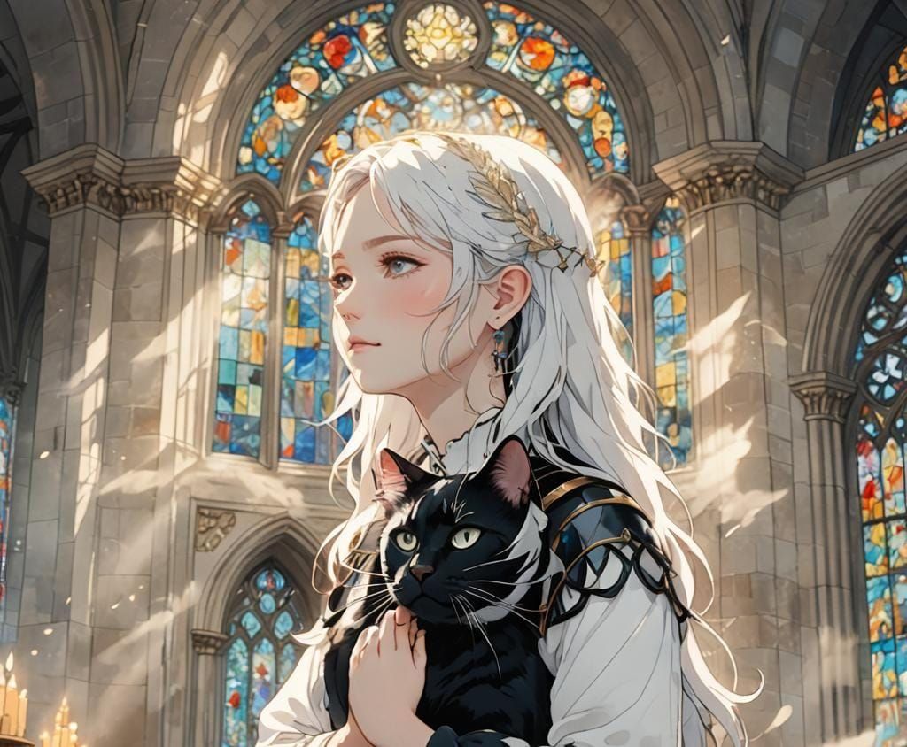 Mystical Black Cat in Church, Watercolor Anime Style