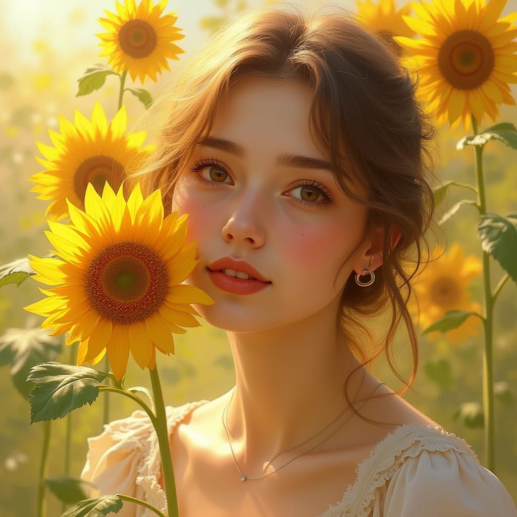 Woman Merging With Sunflowers in Impressionistic Style