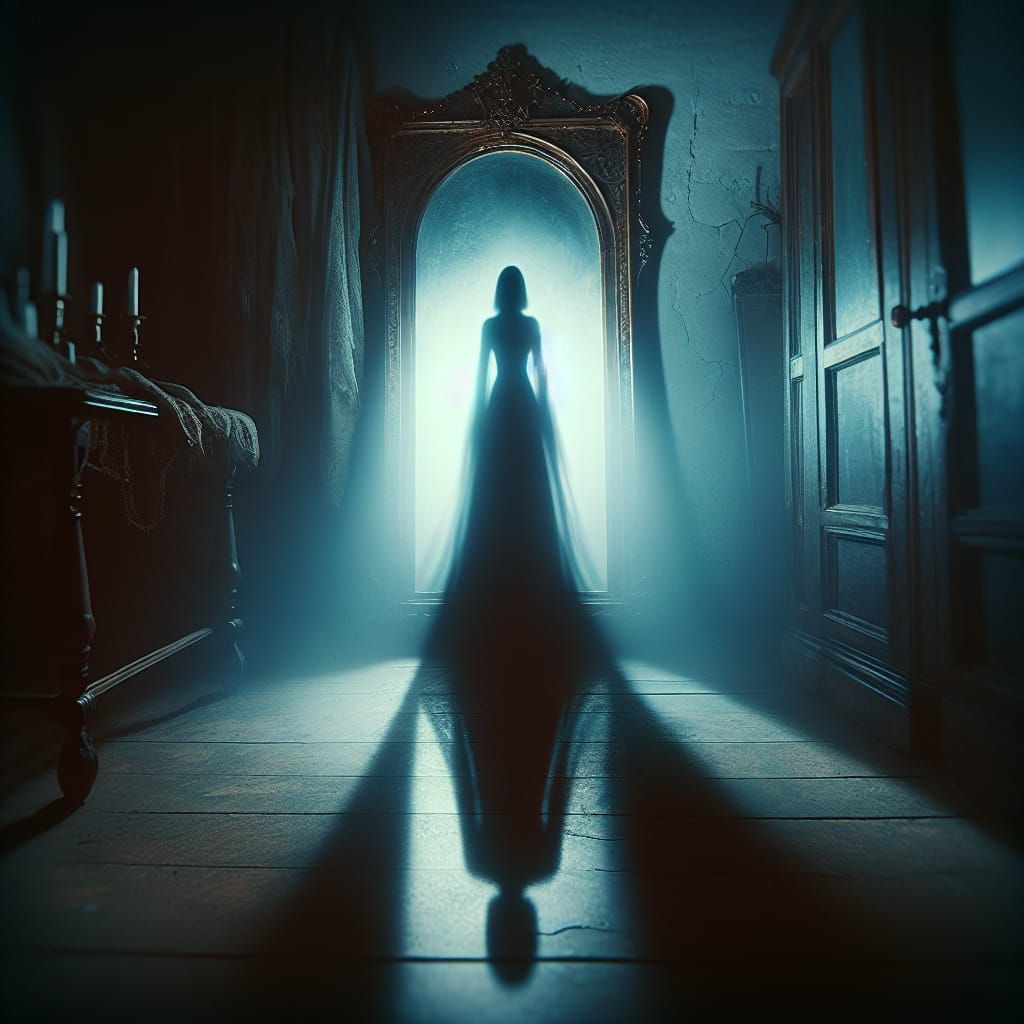 Ghostly Shadow Emerging from Antique Mirror