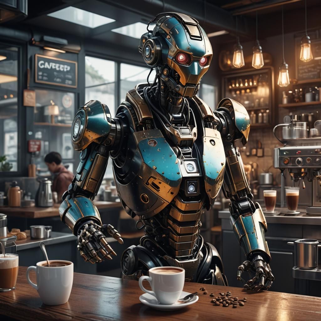 Futuristic Robot Barista in Detailed Matte Painting