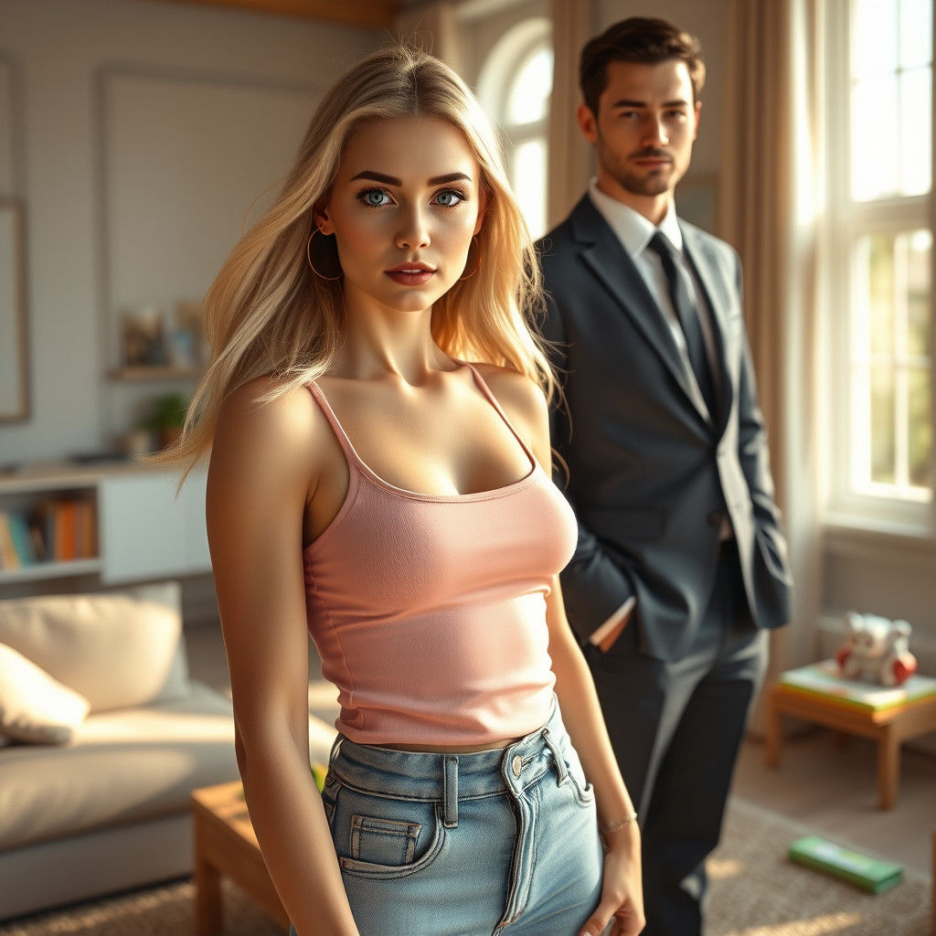 Blonde Woman and Man in Sunlit Living Room