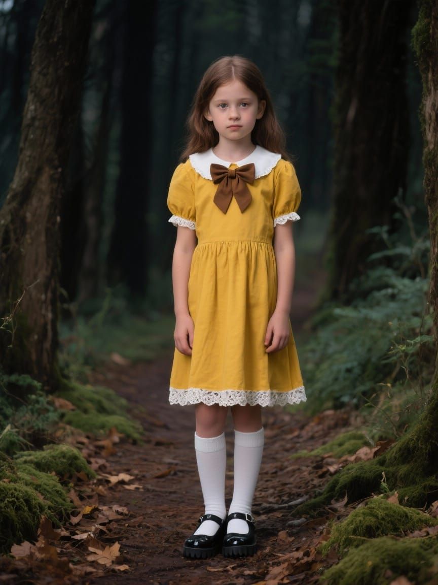 Girl in Yellow Sundress on Forest Path