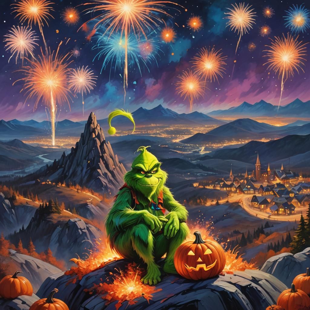 The Grinch Watches Pumpkin Fireworks, Oil Painting