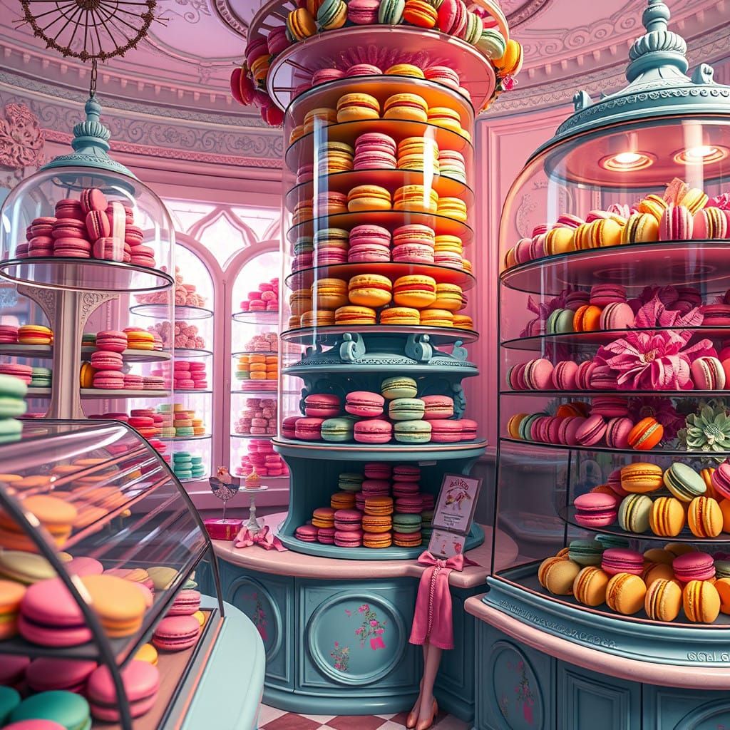 Vibrant Macaron Displays in Dreamlike Bakery Setting