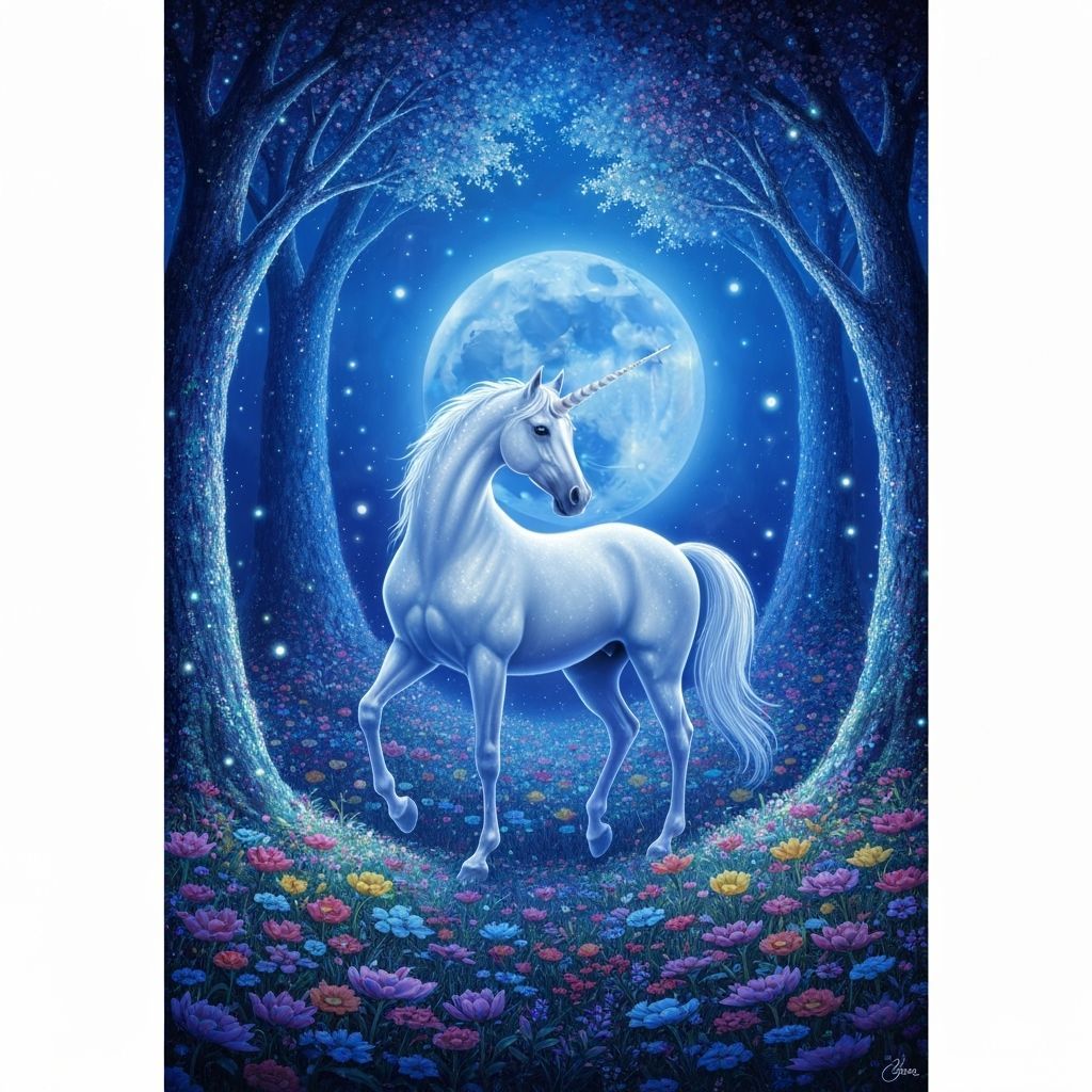 Majestic Unicorn in Enchanted Glade with Ethereal Moon